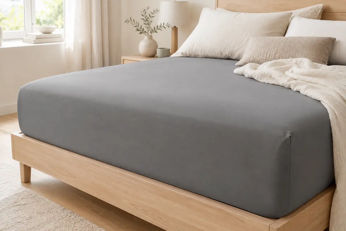 Drap-housse gris uni en microfibre installé sur un lit de 160 x 200 cm dans une chambre lumineuse.