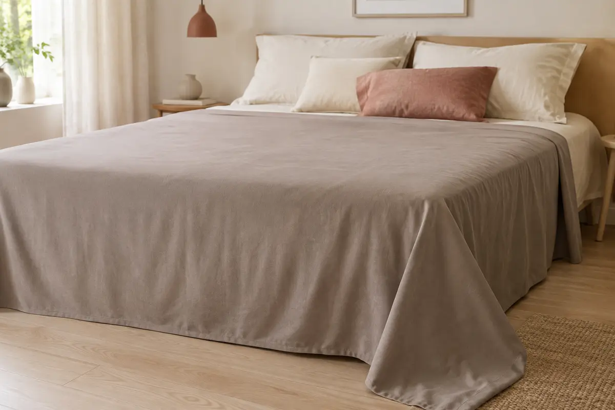 Drap plat taupe en microfibre posé sur un lit aux tons clairs dans une chambre lumineuse.