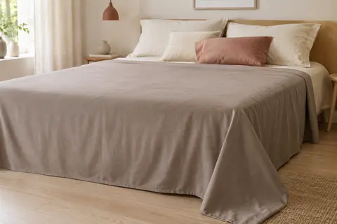 Drap plat taupe en microfibre posé sur un lit aux tons clairs dans une chambre lumineuse.