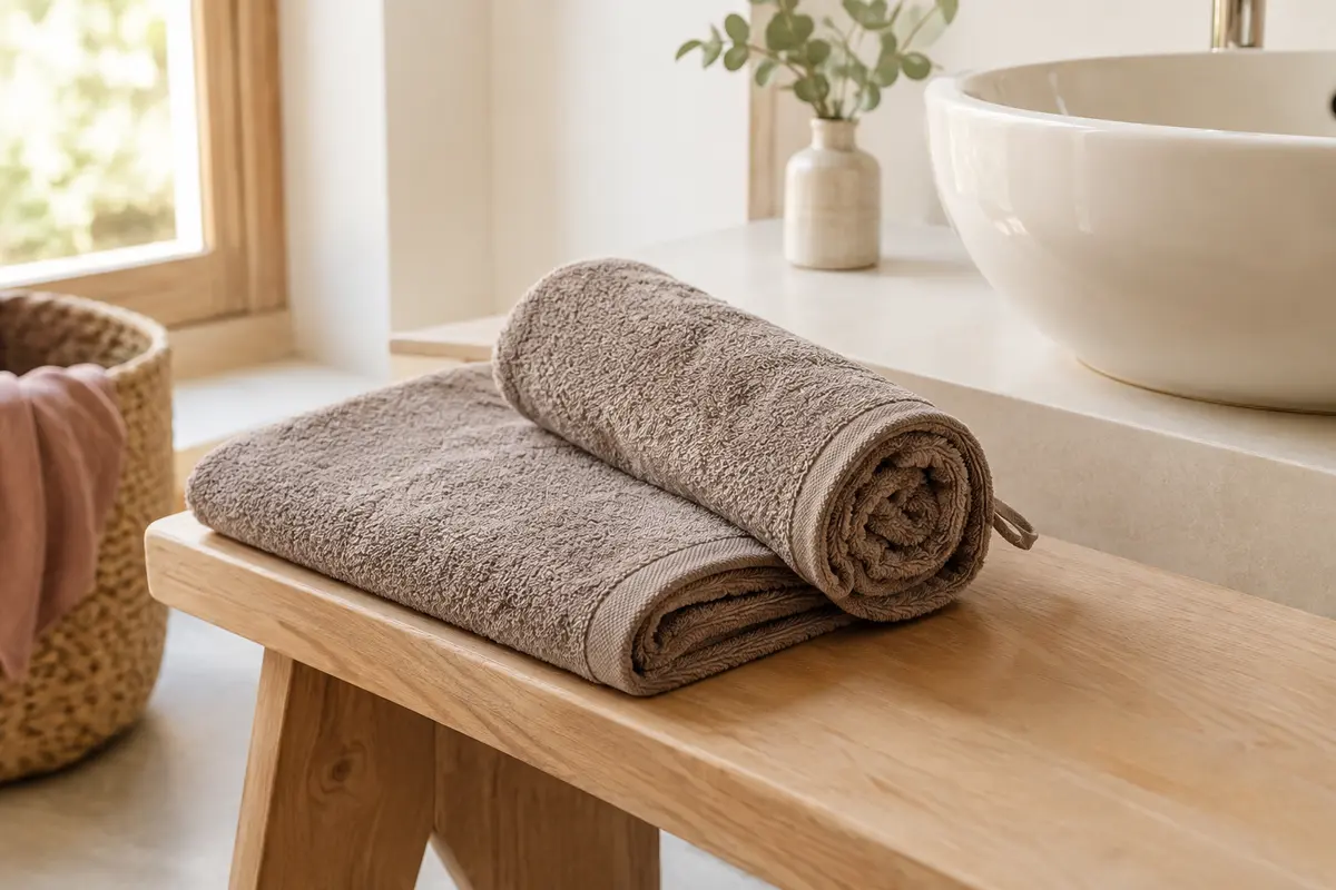 Deux serviettes de bain taupe en coton éponge pliées dans une salle de bain lumineuse.