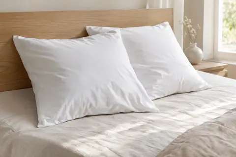 Deux taies d’oreiller carrées blanches en jersey de coton posées sur un lit clair.