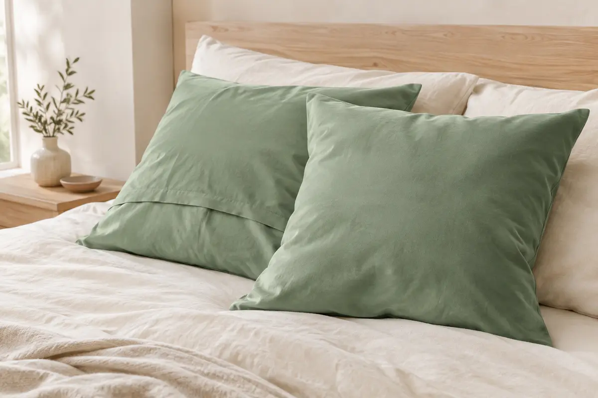 Deux taies d’oreiller carrées vert d’été en microfibre posées sur un lit clair