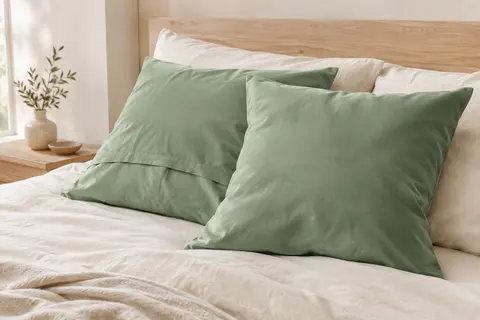 Deux taies d’oreiller carrées vert d’été en microfibre posées sur un lit clair