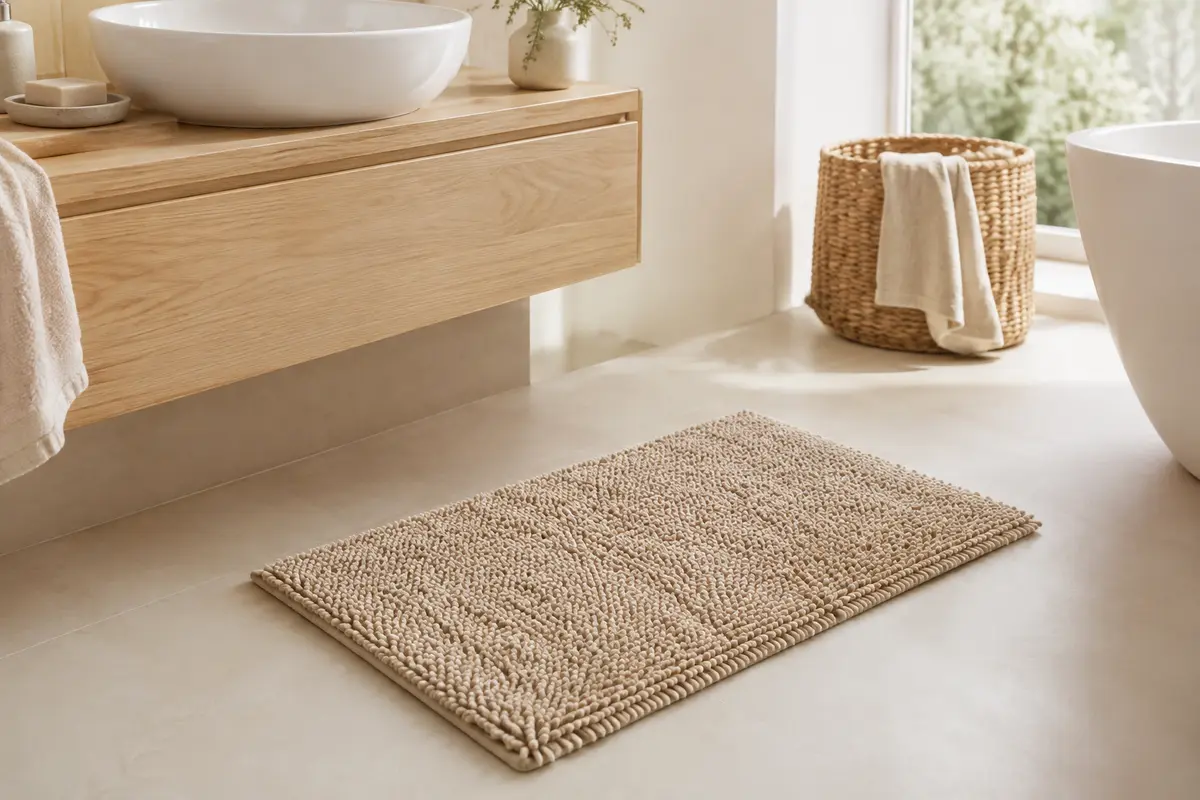 Tapis de bain beige rectangulaire à poil haut posé sur un sol clair dans une salle de bain lumineuse.