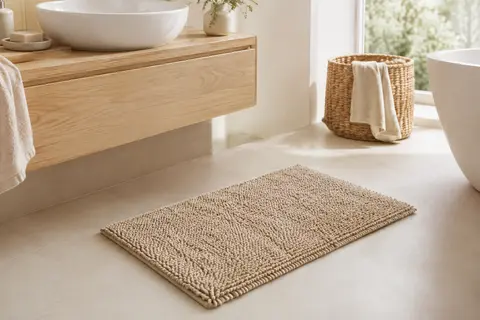 Tapis de bain beige rectangulaire à poil haut posé sur un sol clair dans une salle de bain lumineuse.