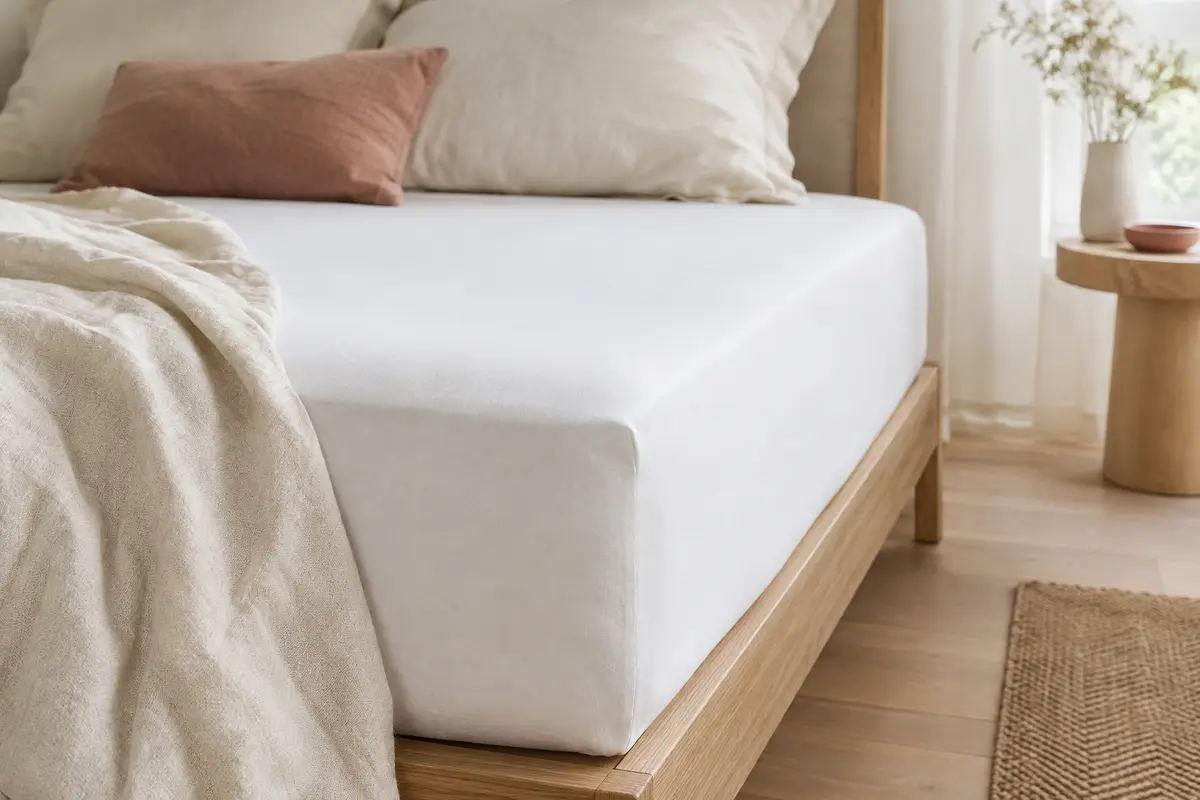 Drap-housse blanc en jersey de coton ajusté sur un matelas épais dans une chambre lumineuse