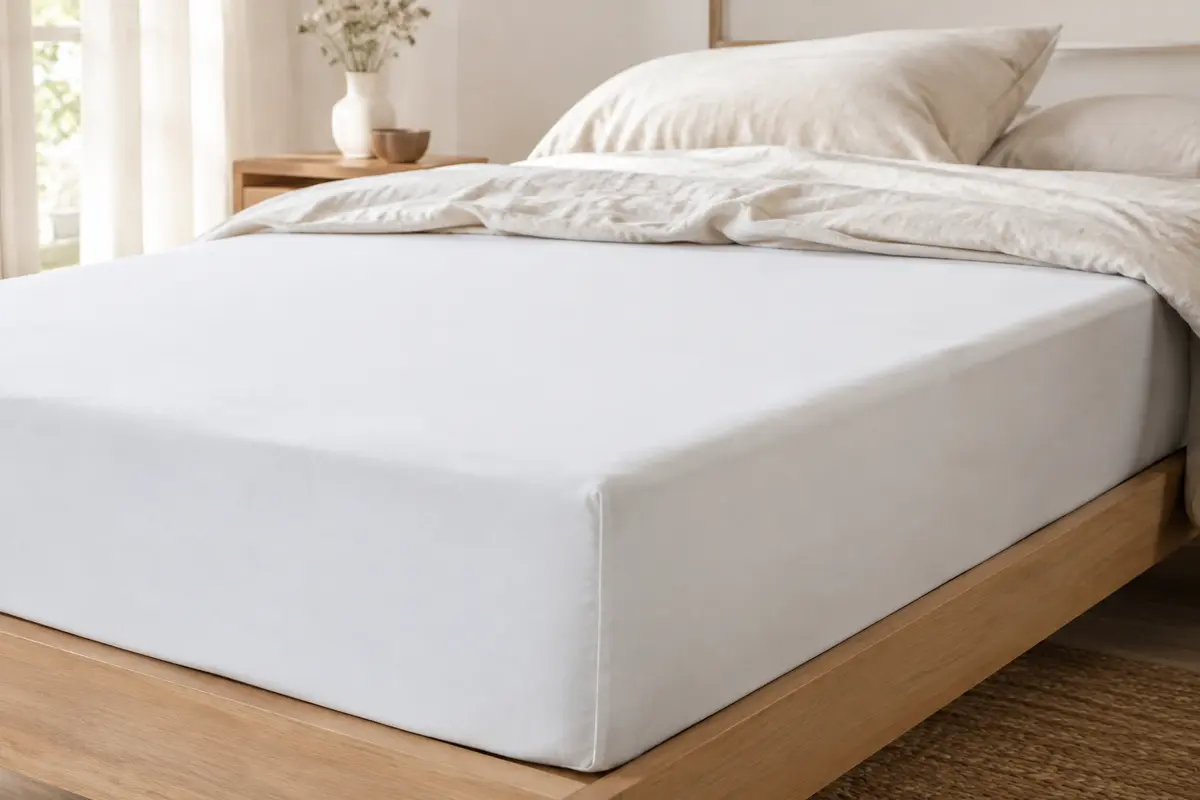 Drap-housse blanc en microfibre posé sur un matelas dans une chambre lumineuse et épurée.