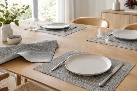 Sets de table réversibles gris et argenté disposés sur une table en bois clair avec de la vaisselle.