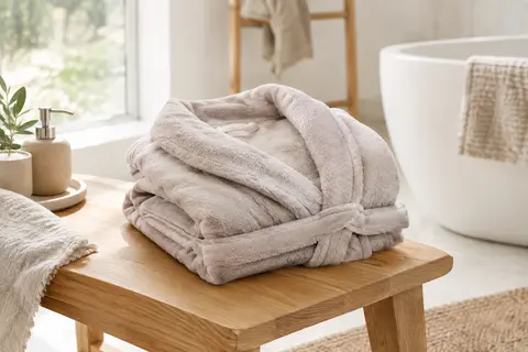 Peignoir pour femme en polaire douce posé sur un banc en bois clair dans une salle de bain lumineuse.