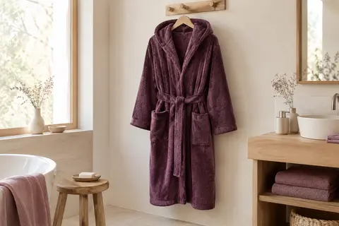Peignoir CityComfort en polaire avec capuche, ceinture et deux poches, présenté dans une salle de bain lumineuse.