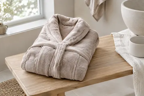 Robe de chambre femme en polaire douce pliée dans une salle de bain claire aux tons naturels