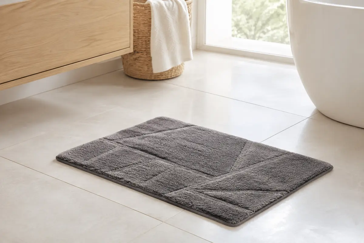 Tapis de bain gris rectangulaire en microfibre à motif géométrique, posé sur un sol clair de salle de bain.