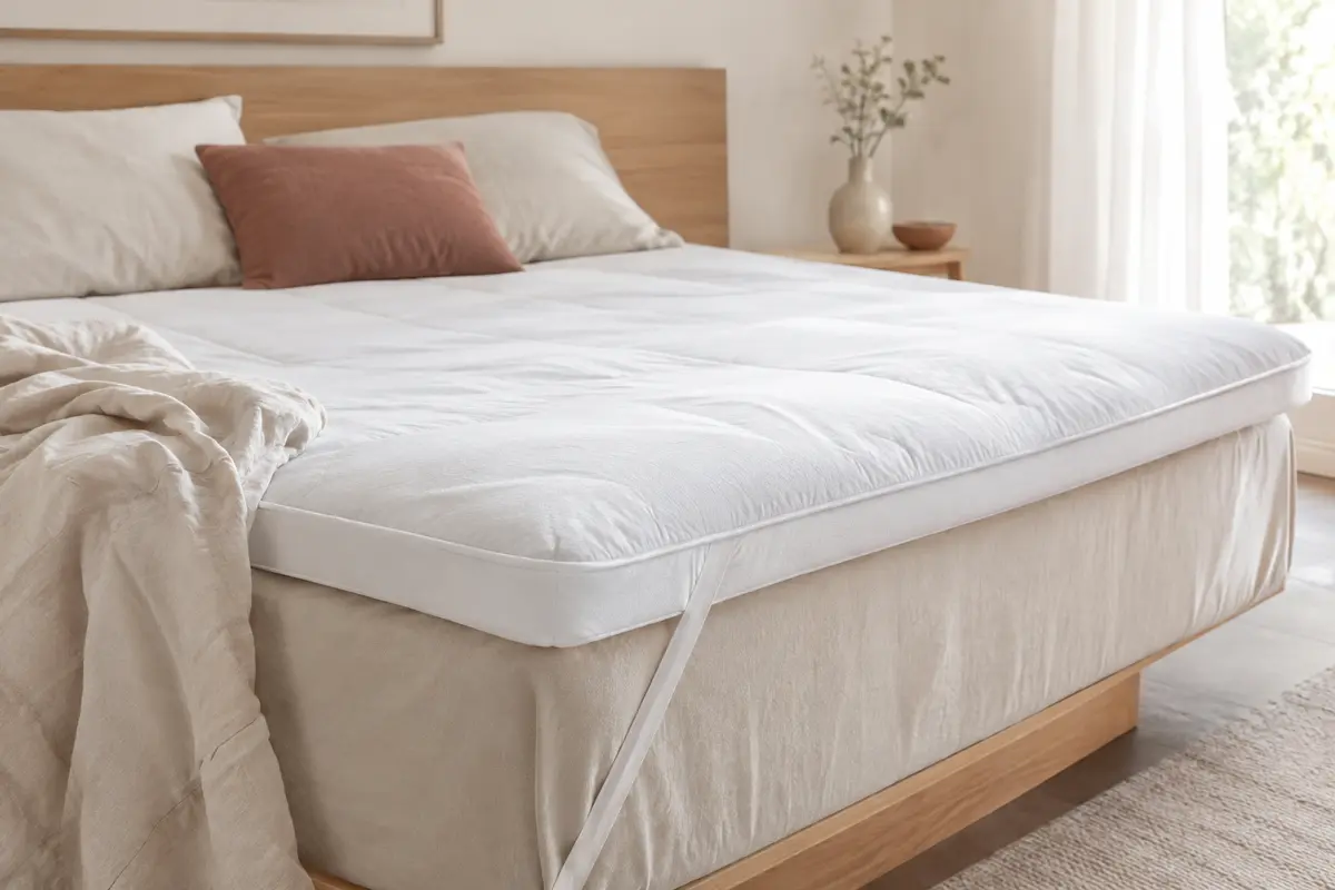 Surmatelas blanc Dailydream de 160 x 200 cm posé sur un lit clair, avec son bord de 5 cm visible.