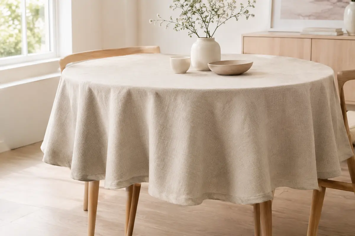 Nappe ronde beige sable en polyester aspect lin posée sur une table en bois clair.