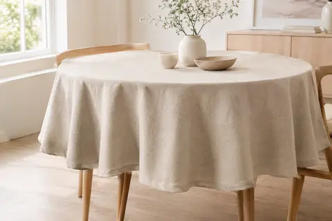 Nappe ronde beige sable en polyester aspect lin posée sur une table en bois clair.