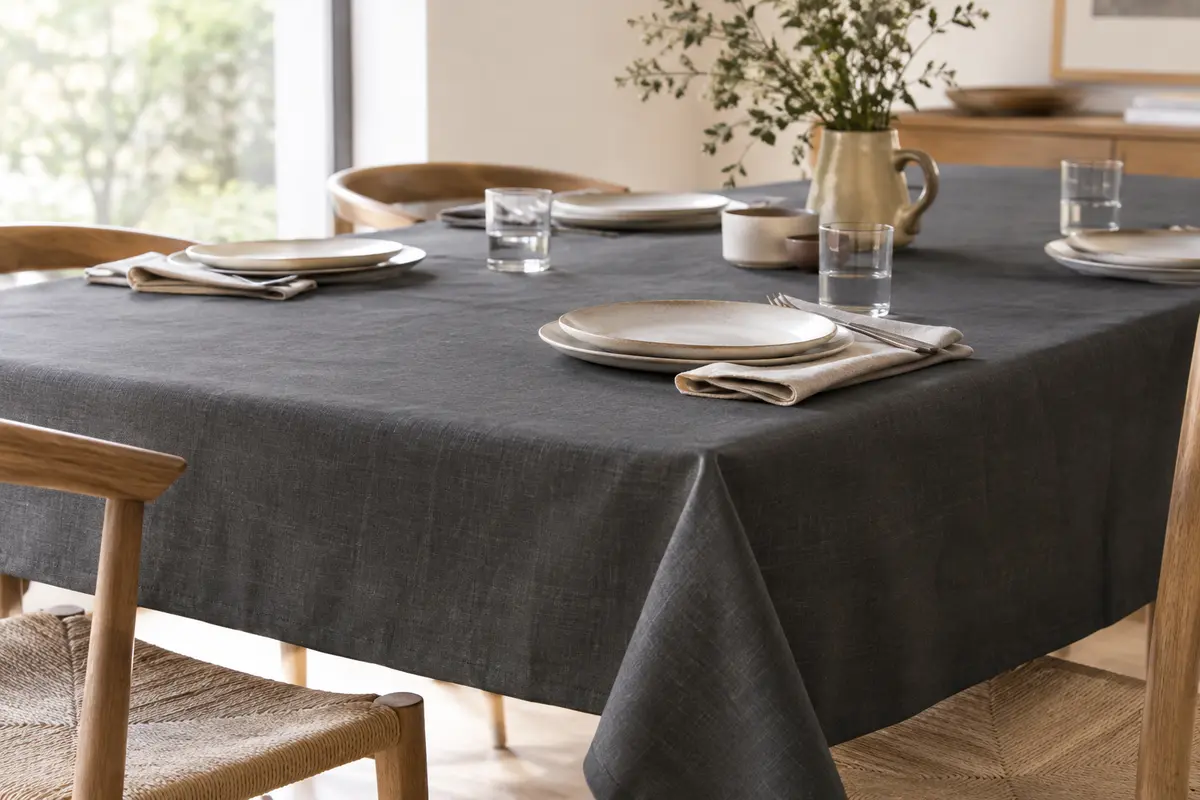 Nappe rectangulaire gris foncé à l’aspect lin disposée sur une grande table en bois clair.