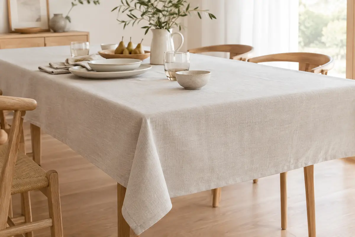 Nappe rectangulaire Deconovo coloris Lin Clair à l’aspect lin, dressée sur une table en bois clair