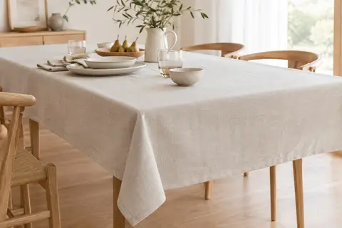 Nappe rectangulaire Deconovo coloris Lin Clair à l’aspect lin, dressée sur une table en bois clair