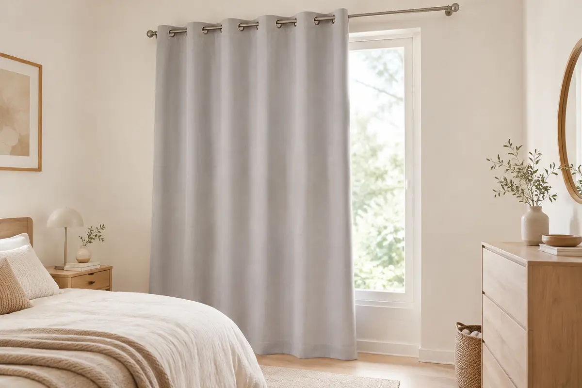 Panneau de rideau occultant gris clair en polyester, suspendu par des œillets devant une fenêtre.