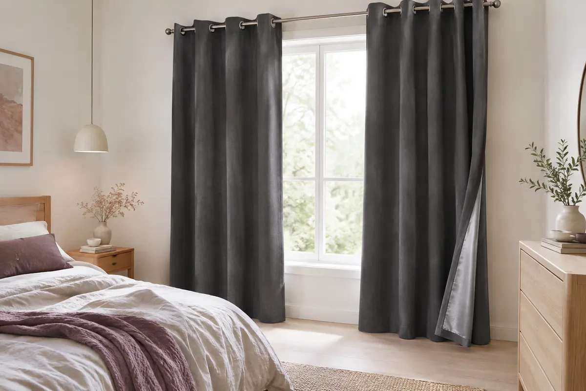 Deux rideaux occultants gris foncé à œillets installés devant une fenêtre dans une chambre lumineuse.