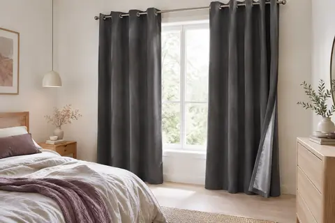 Deux rideaux occultants gris foncé à œillets installés devant une fenêtre dans une chambre lumineuse.