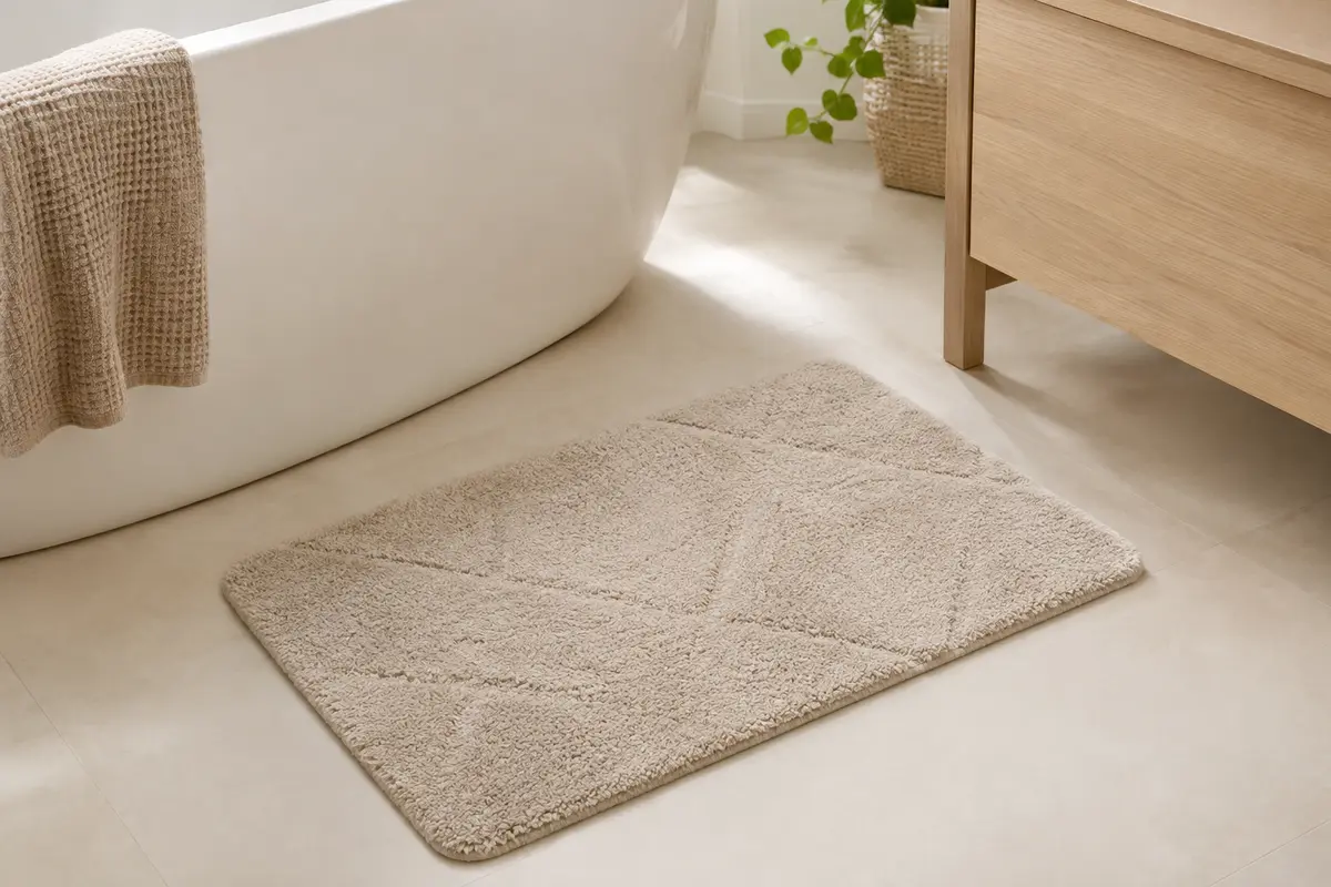 Tapis de bain rectangulaire beige à poil haut posé sur un sol clair dans une salle de bain lumineuse.