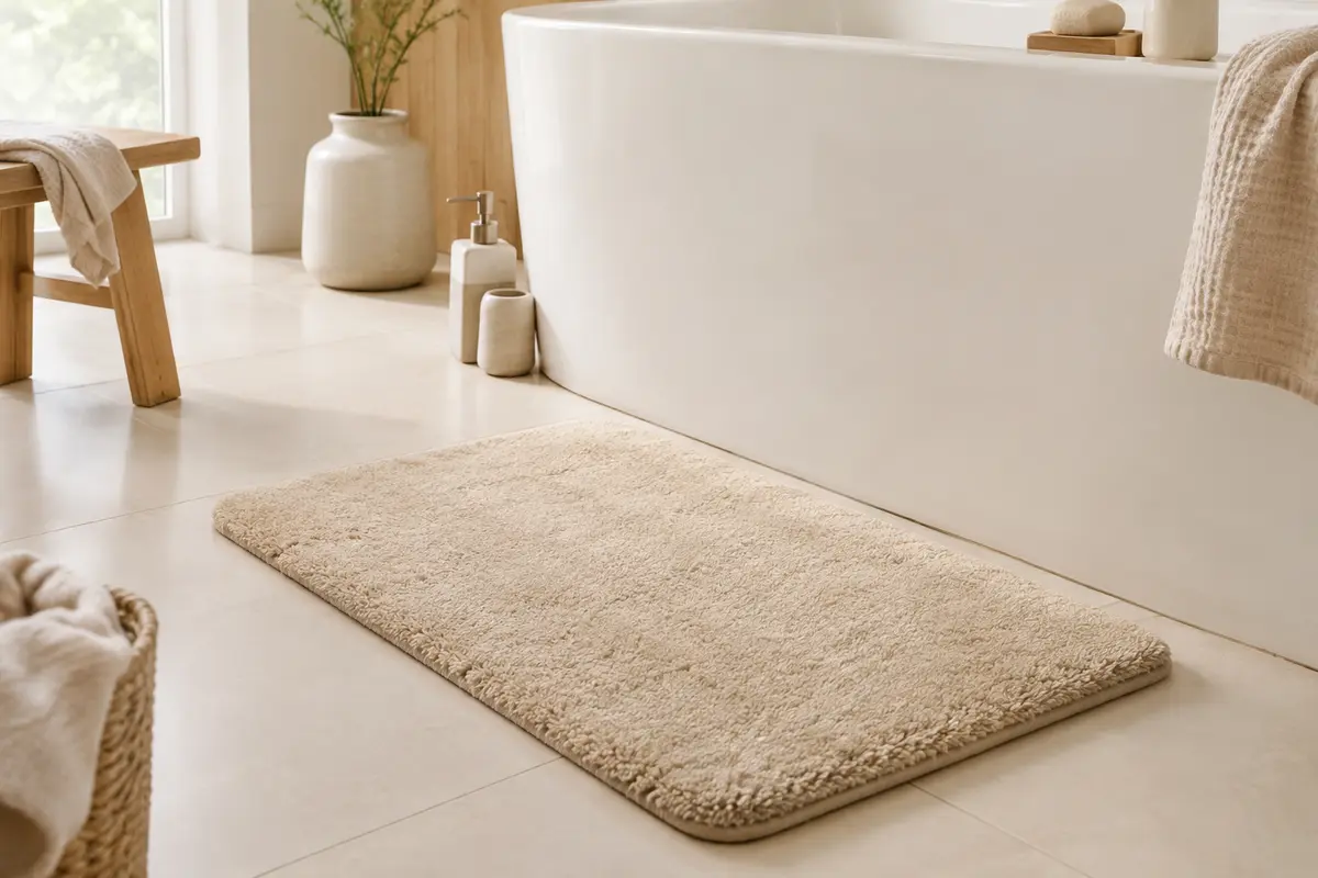 Tapis de bain rectangulaire beige en microfibre posé près d’une baignoire claire