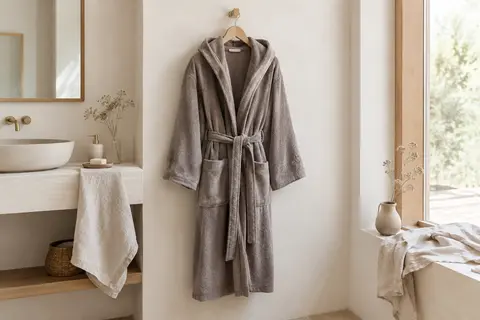 Peignoir long à capuche en microfibre avec ceinture, deux poches latérales et broderie sur la manche.