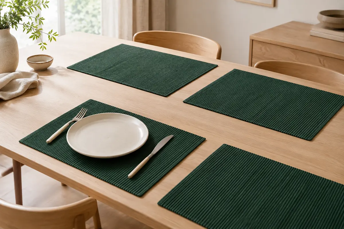 Six sets de table rectangulaires en coton côtelé vert foncé disposés sur une table en bois clair