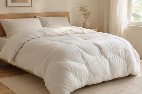 Couette blanche DODO gonflante au piquage en vague, installée sur un lit dans une chambre claire