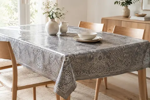 Nappe rectangulaire en PVC gris à imprimé persan et fini brillant, posée sur une table en bois clair.