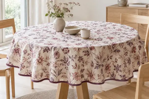 Nappe ronde Melisandre en polyester imprimé présentée sur une table en bois clair.