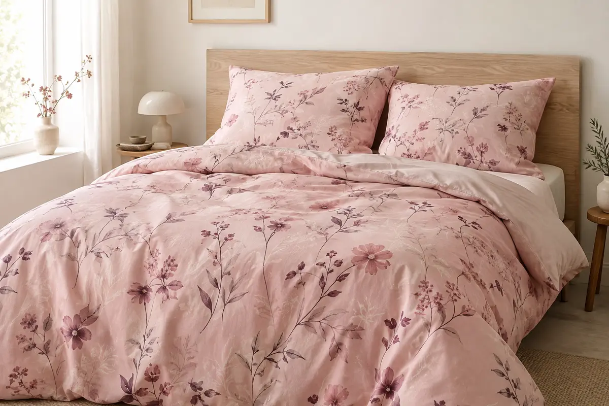 Parure de lit rose en coton à motif floral, avec housse de couette et deux taies assorties sur un lit