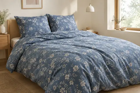 Parure de lit en coton bleu à fleurs, avec housse de couette et deux taies assorties sur un lit