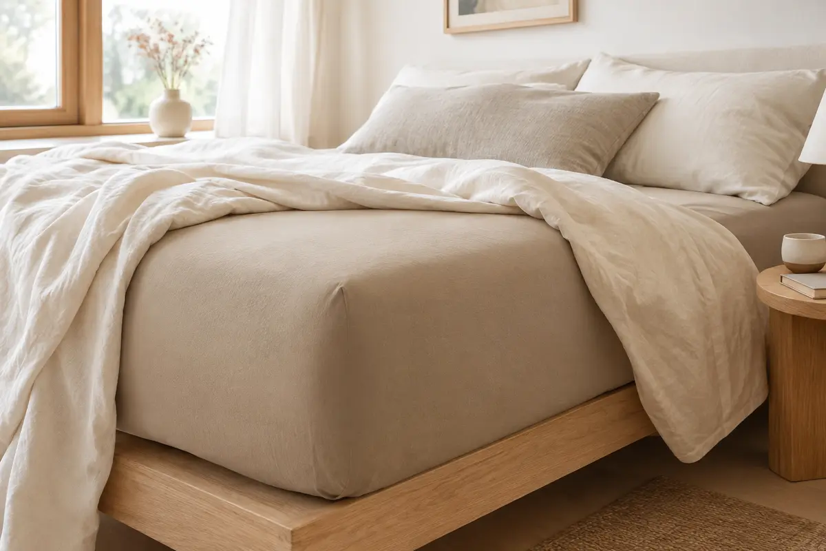 Drap-housse Dreamzie beige en jersey de coton installé sur un matelas de 160 x 200 cm