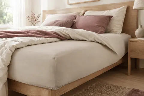 Drap-housse Dreamzie beige en microfibre posé sur un lit double dans une chambre lumineuse aux tons doux.