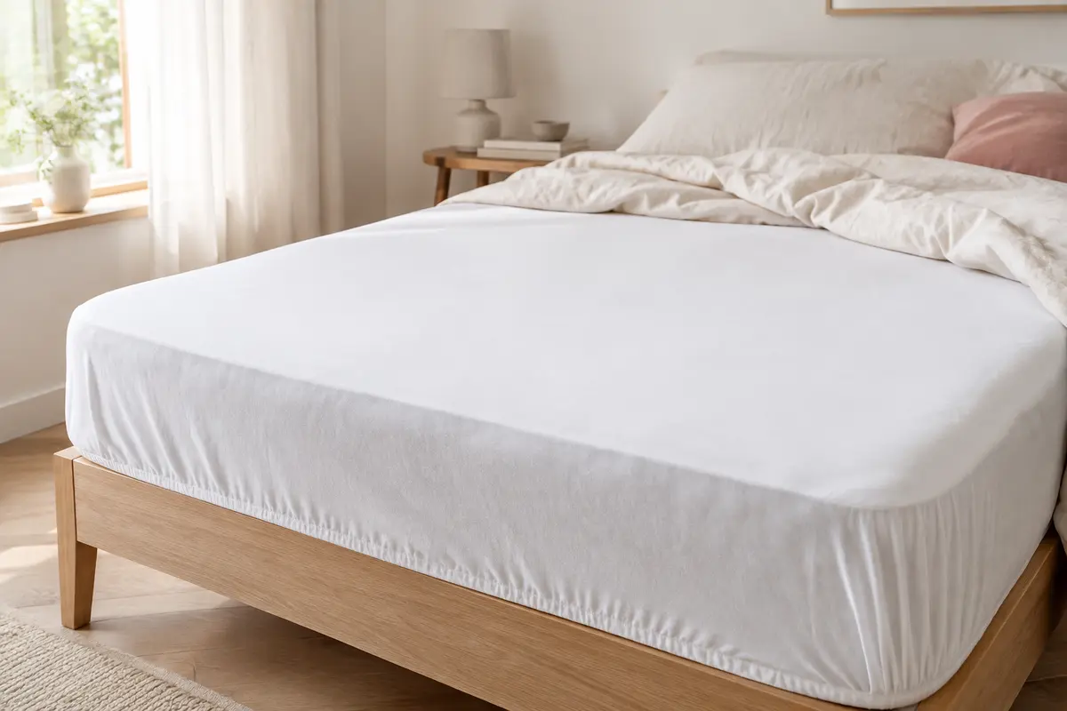 Protège-matelas blanc en polyester ajusté sur un matelas de 160 x 200 cm dans une chambre lumineuse.