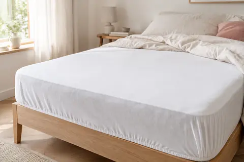 Protège-matelas blanc en polyester ajusté sur un matelas de 160 x 200 cm dans une chambre lumineuse.