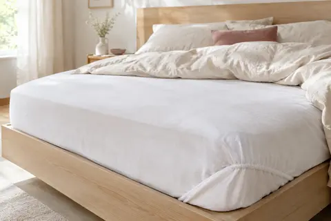 Protège-matelas blanc en coton mélangé installé sur un lit dans une chambre lumineuse aux tons crème.