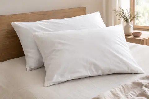 Deux taies d’oreiller blanches en coton tissé posées sur un lit clair dans une chambre lumineuse.