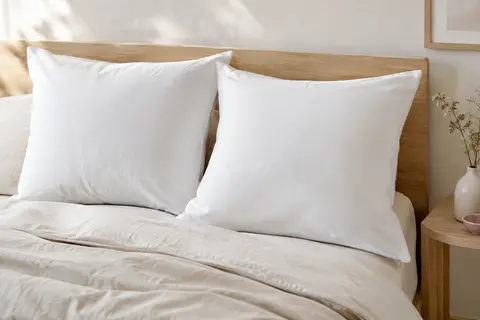 Deux taies d’oreiller blanches en jersey de coton posées sur un lit aux tons clairs.