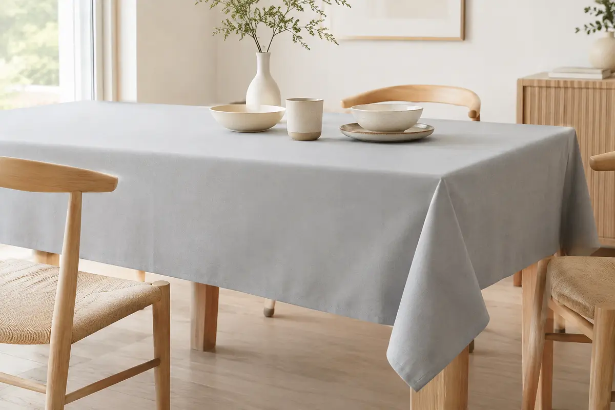 Nappe rectangulaire gris clair en polyester mat dressée sur une table en bois clair