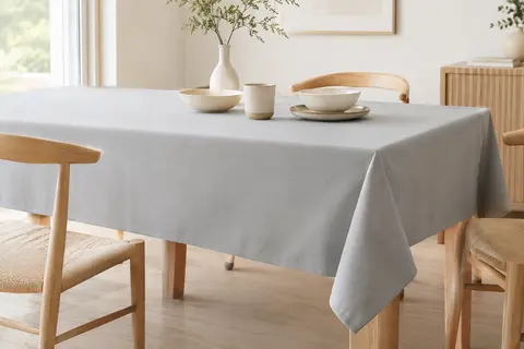Nappe rectangulaire gris clair en polyester mat dressée sur une table en bois clair