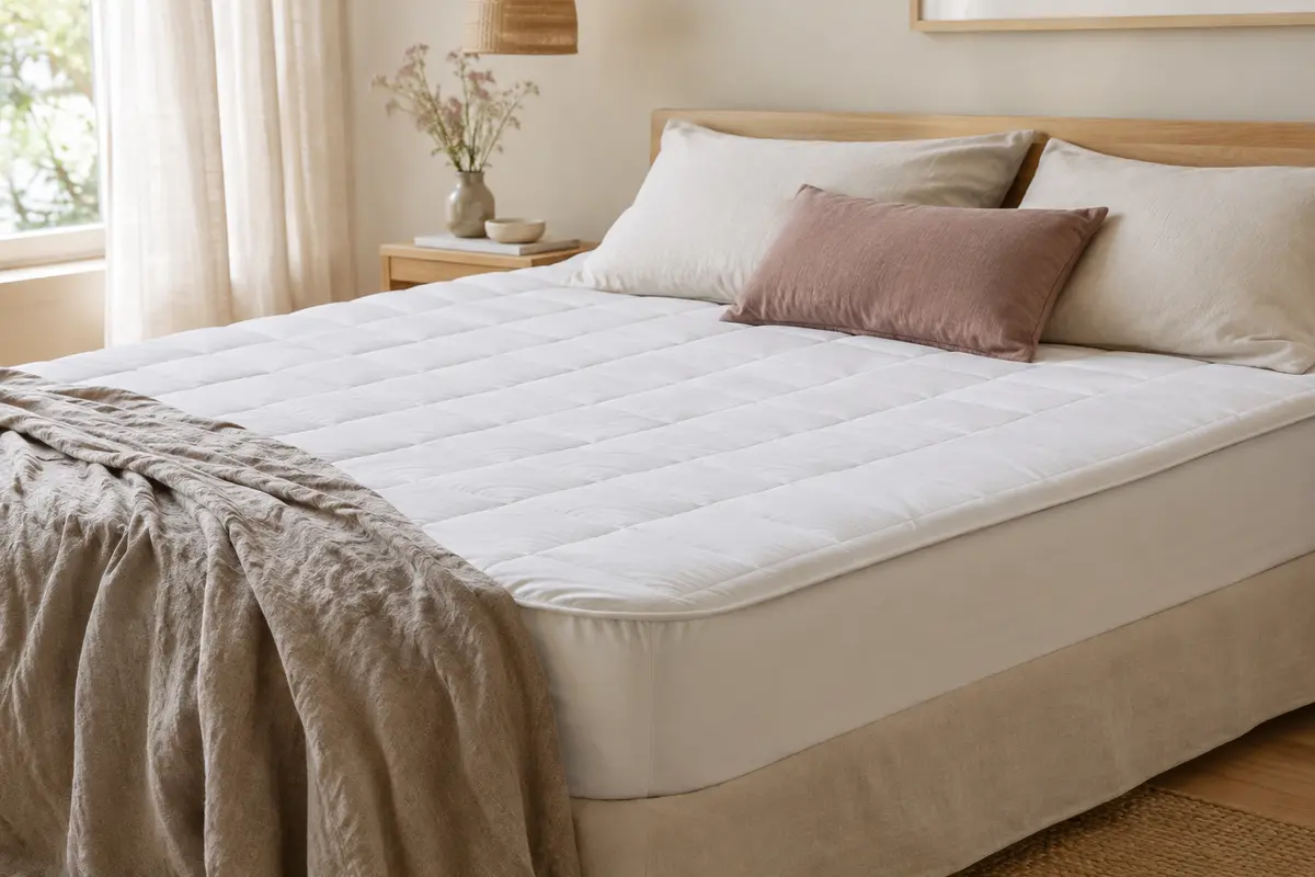 Surmatelas blanc surpiqué EHEYCIGA posé sur un lit dans une chambre claire aux tons naturels.
