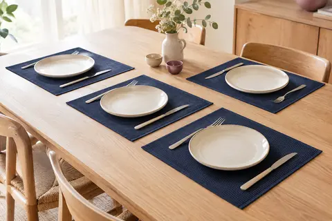 Six sets de table rectangulaires en coton côtelé bleu marine disposés sur une table en bois clair.