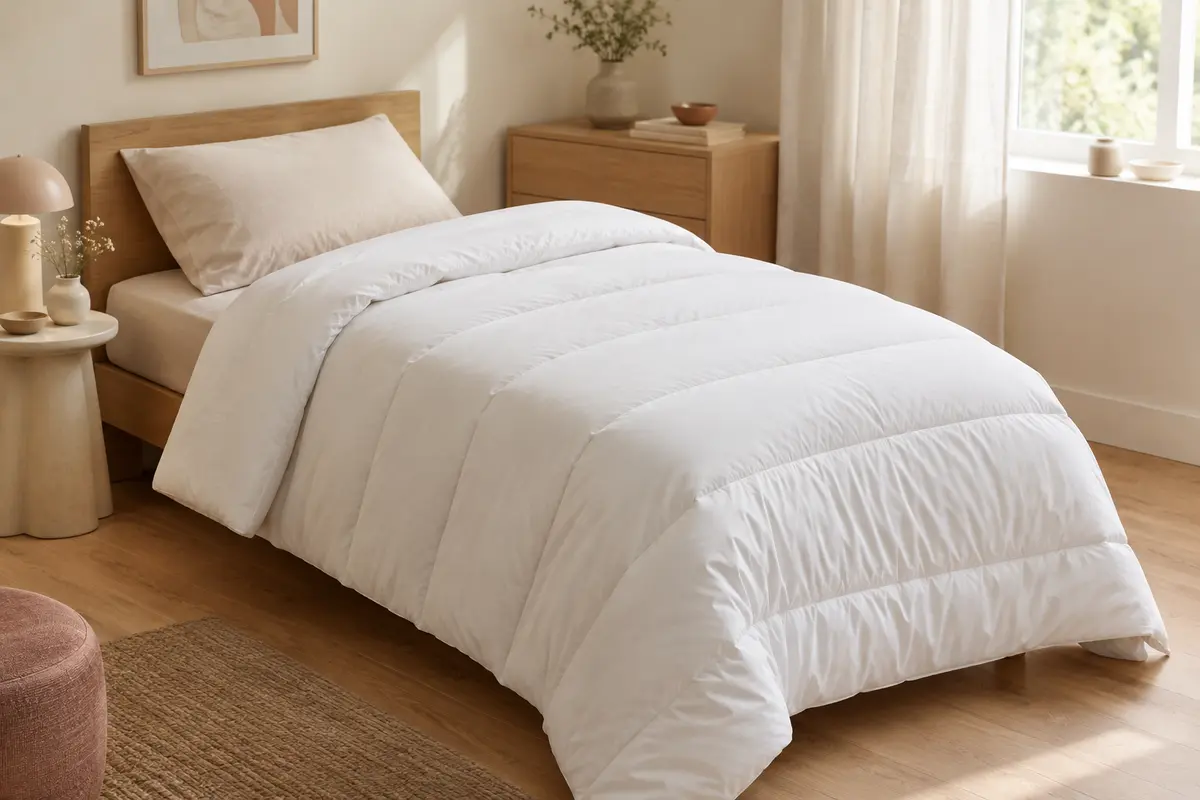 Couette blanche en microfibre matelassée en canaux, présentée sur un lit dans une chambre lumineuse