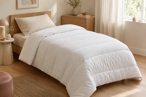 Couette blanche en microfibre matelassée en canaux, présentée sur un lit dans une chambre lumineuse