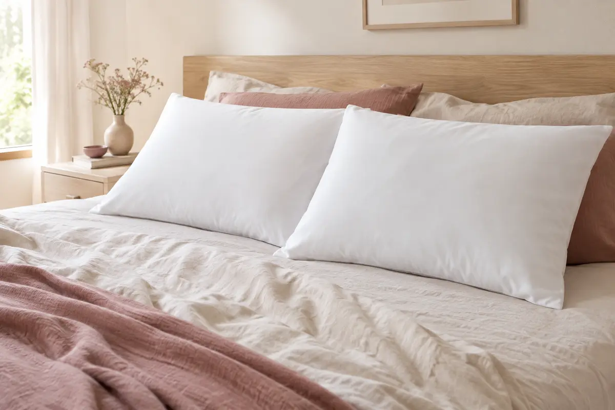 Deux oreillers blancs rectangulaires en microfibre posés sur un lit aux tons crème et vieux rose.