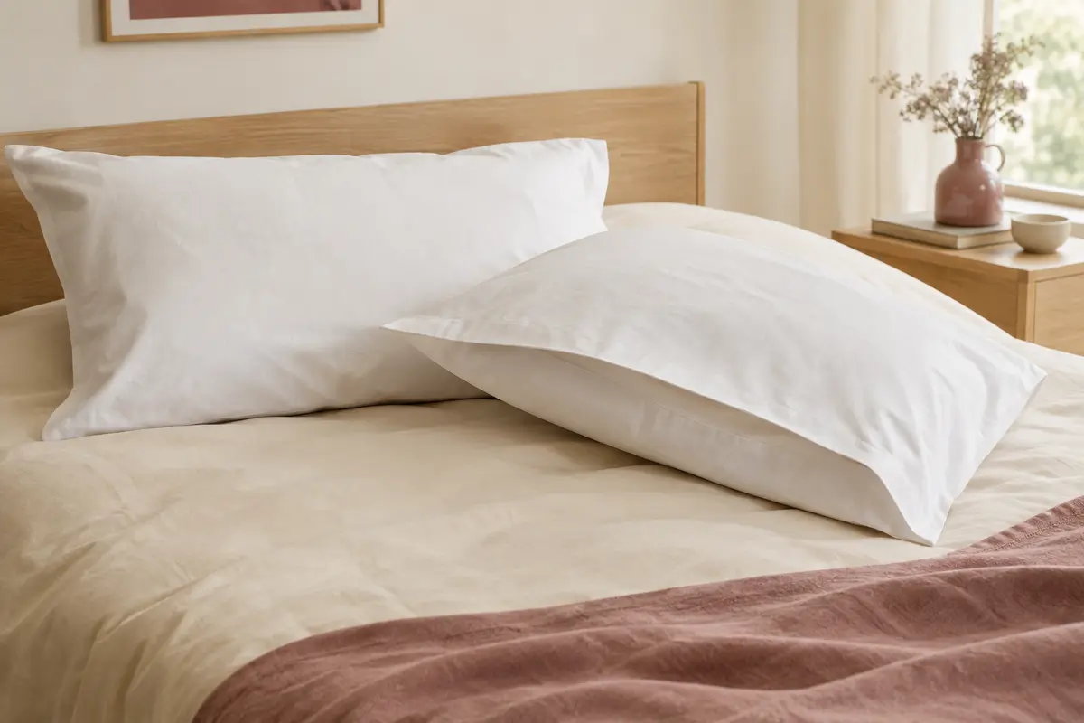 Deux taies d’oreiller blanches en coton, dont l’une montre la fermeture enveloppe, posées sur un lit clair.