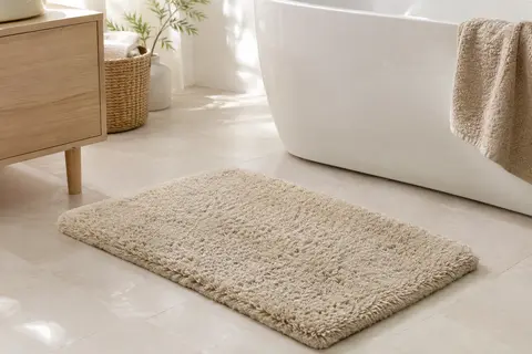 Tapis de bain rectangulaire beige à poil haut en microfibre, posé sur un sol clair de salle de bain